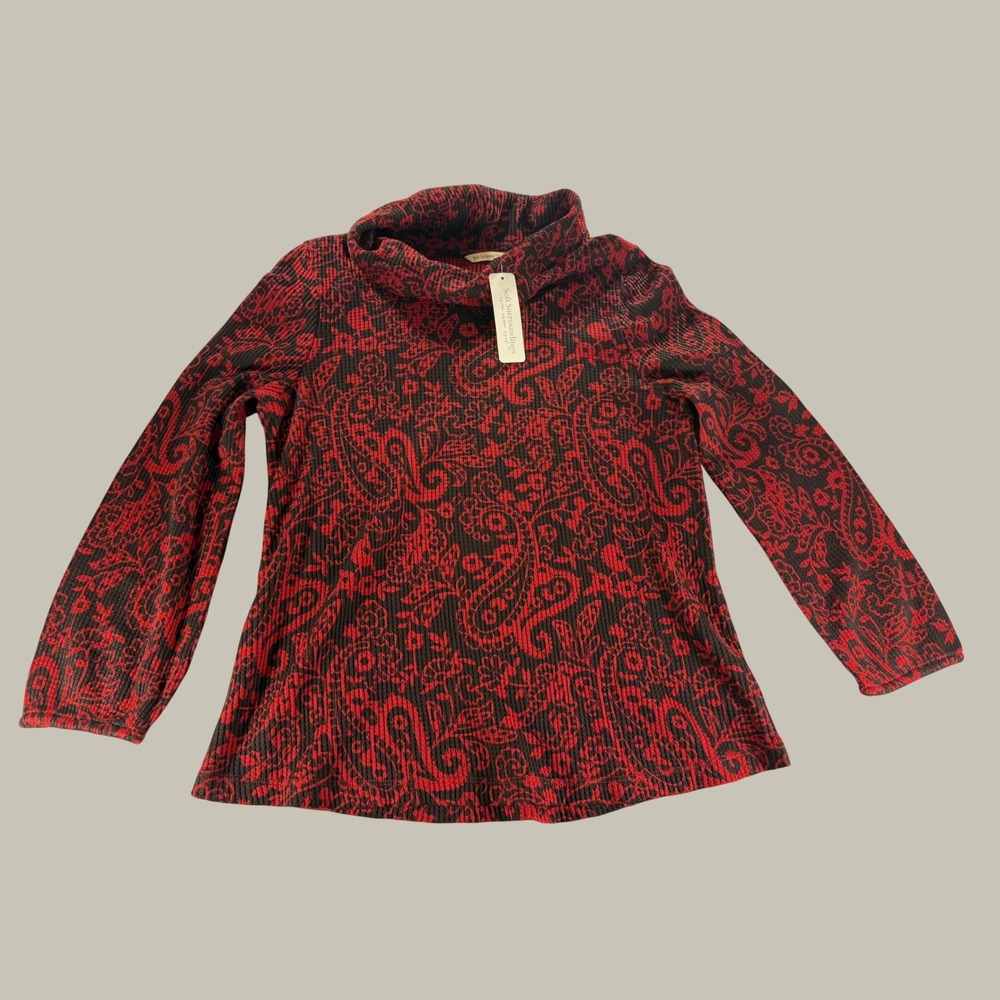 Soft Surroundings Kendra Waffle Top Red Black Paisley Cowl Neck Large 2GB3110801